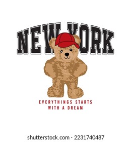 New Yorker süßer Teddybär mit rotem Oberteil, Vektorgrafik-T-Shirt-Modedesign