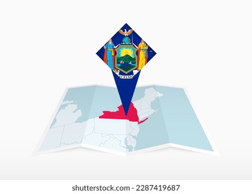 New York is depicted on a folded paper map and pinned location marker with flag of New York. Folded vector map.