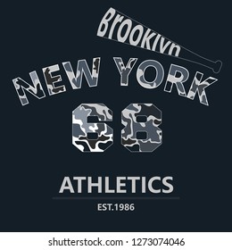 New York design camouflage t-shirt on a sports theme. Brooklyn inscription in the form of baseball bat.. Clothing made in the military and army style. Vector illustration.