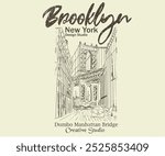 New York design studio t shirt print design, Dumbo manhattan bridge view hand sketch print design. college text print, Creative studio city vibes vector graphic artwork. Brooklyn bridge street view.