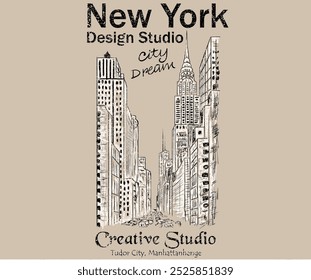 New York design studio t shirt print design, Tudor manhattan rod hand sketch print design. college text print, Creative studio city vibes vector graphic artwork. New york city hand drawing.