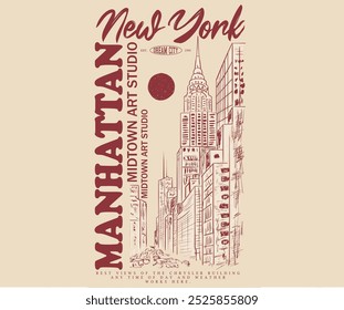 New York design studio t shirt print design, Tudor manhattan rod hand sketch print design. college text print, New york city hand drawing. City back print for t shirt.