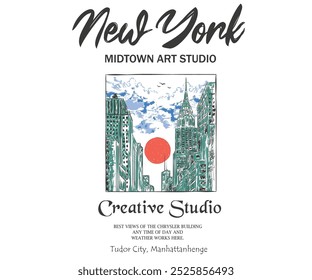 New York design studio t shirt print design, Tudor manhattan rod hand sketch print design. college text print, New york city hand drawing.