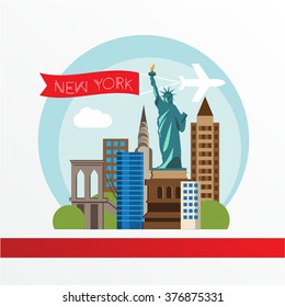 Nueva York, silueta detallada. Ilustración vectorial de moda, estilo plano. Elegantes monumentos coloridos. El concepto de un banner web. Estatua de la Libertad - El símbolo de Estados Unidos.