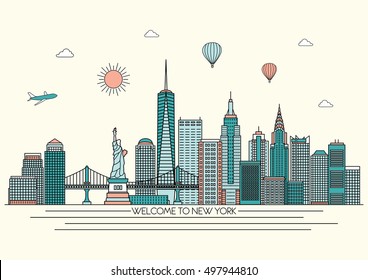 New York detailed Skyline. Travel and tourism background. Vector background. line illustration. Line art style svg