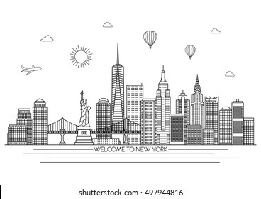 New York detailed Skyline. Travel and tourism background. Vector background. line illustration. Line art style