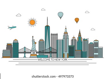 New York detailed Skyline. Travel and tourism background. Vector background. line illustration. Line art style