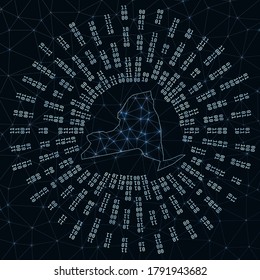 New York Digital Map. Binary Rays Radiating Around Glowing Us State. Internet Connections And Data Exchange Design. Vector Illutration.