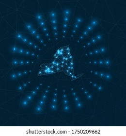 New York digital map. Glowing rays radiating from the us state. Network connections and telecommunication design. Vector illustration.
