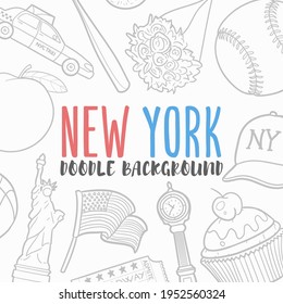 New York Doodle Banner Icon. City United States Vector Illustration Hand Drawn Art. Line Symbols Sketch Background.