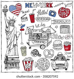 New York.Doodle comida rápida set.símbolos estadounidenses en boceto dibujado a mano.Iconos vectoriales,signo,letra.Ilustración vintage,fondo.Estatua de la libertad,taxi,puesto de comida objeto aislado