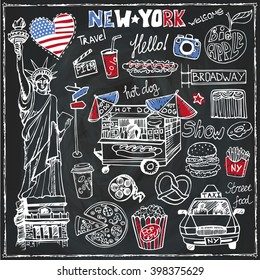 New York .Doodle comida rápida set.símbolos estadounidenses en boceto dibujado a mano.Iconos vectores,signo,letra.Ilustración vintage,fondo.Estatua de la libertad,taxi,puesto de comida objeto aislado,Cartón