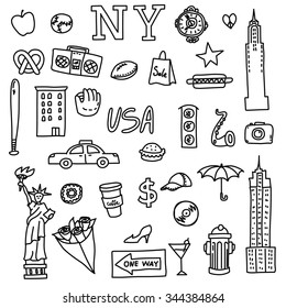 New York doodle line set. Hand drawn elements. American travel symbols.