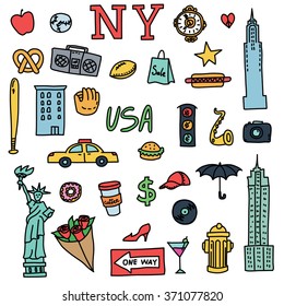 New York-Doodle-Line-Set. Handgezeichnete Elemente. Amerikanische Reisezeichen. Vektormuster.