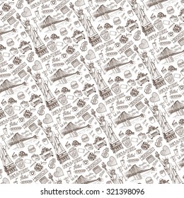 New York Doodle pattern background.American,USA travel symbols in hand drawn sketch.Vector icons,sign of landmark,Statute of liberty,food,lettering,retro Illustration,backdrop.Outline design template.