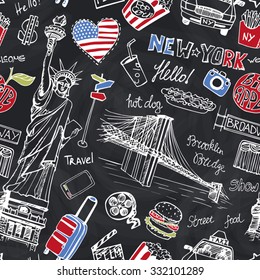 New York Doodle seamless pattern.American travel symbols in hand drawn sketch.Vector icons,sign of landmark,food,lettering,retro Illustration,Chalkboard background.Outline design template.