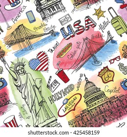 New York Doodle Seamless Pattern.American Travel Symbols In Hand Drawn Sketch.Watercolor Splashes.Vector America Icons,sign Of Landmark,lettering.Vintage USA Illustration,background.Artistic Texture.