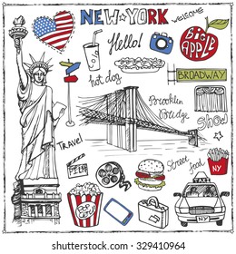 New York Doodle set. American travel symbols in hand drawn sketch. Vector icons, sign of landmark, food, lettering, retro Illustration, background.