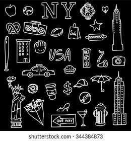 New York doodle set on chalkboard. Hand drawn elements. American travel symbols.