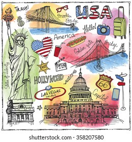 New York Doodle set.American travel symbols in hand drawn sketch.Watercolor splashes.Vector icons,sign of landmark,lettering.Vintage Illustration,background.Artistic texture.