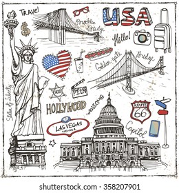 New York Doodle set.Símbolos de viaje americanos en boceto dibujado a mano.Iconos vectoriales,signo de punto de referencia,letras.Ilustración vintage,fondo.Puente de puerta dorada,Estatua de la Libertad, Capitolio,Puente Brooklin