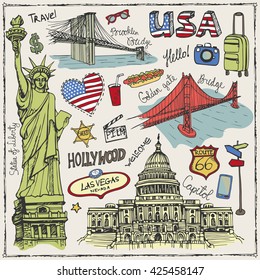 New York Doodle set.Símbolos de viaje americanos.Dibujo hecho a mano.Iconos vectoriales de EE.UU.,signo emblemático,letras.Ilustración vintage de América,fondo.Puente de puerta dorada,Estatua de la Libertad,Puente de Brooklyn