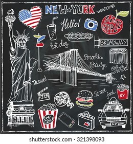 New York Doodle set.American,USA travel symbols in hand drawn sketch.Vector icons,sign of landmark,Statute of liberty,food,lettering,retro Illustration,Chalkboard background.Outline design template.