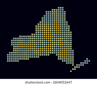 New York dotted map. Digital style map of the state on a dark background. New York shape with square dots. Colored dots style. Large size squares. Artistic vector illustration.