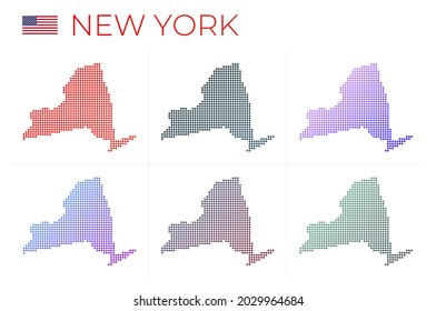New York dotted map set. Map of New York in dotted style. Borders of the US state filled with beautiful smooth gradient circles. Stylish vector illustration.