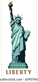 
New York. Download banner.Statue of Liberty USA. landmark. Street business banner layout. The bronze sculpture. Green illustration on a white background. The national symbol of America.vector logo
