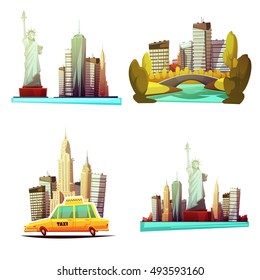 New york downtown 2x2 cartoon compositions with skylines statue of liberty yellow cab central park elements flat vector illustration    svg