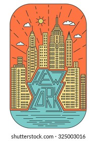  New york downtown cityscape, colorful design. Vector skyline city silhouette. Emblem with outline Manhattan's skyscrapers