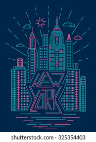  New york downtown cityscape. Vector skyline city silhouette. Emblem with outline Manhattan's skyscrapers