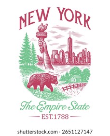 New York The Empire State - US State Vintage T-shirt Vector, USA States Cityscape Landmark Icons, American State Typography Shirt, USA Skyline Clipart, Retro travel city illustration