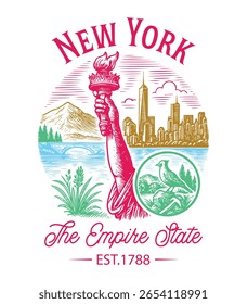 Nova Iorque O Império do Estado - Estados Unidos Estado Cityscape T-shirt Vetor, Ícones americanos de referência, Vintage Estados Cityscape Camisa, Retro Travel City Art, Estados Landmark Quotes, Estado Vacation Illustration
