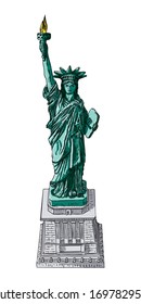 New York famous Statue of liberty sketch. Hand drawing style, line hatching stroke. Symbol of freedom and United States Declaration of Independence. Vector.