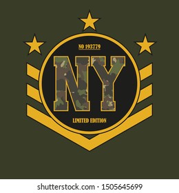 New York fashionable t-shirt camouflage design texture. Typography graphics for tee shirt with slogan. Apparel print in military and army style. Vector illustration.