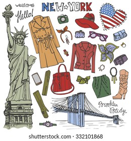 New York Fashion.Clothing and accessories with city landmarks.Hand drawing doodle set.Autumn,winter,spring fashion wear.Vector Illustration,sketch style.USA,America travel background