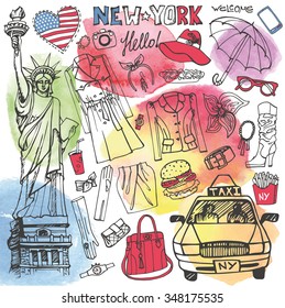 New York Fashion.Clothing and accessories with city landmarks symbols and street food,watercolor splashes.Hand drawing doodle set.Autumn,winter,spring Vector illustration,sketch.USA travel background