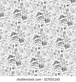 New York Fashion.Pattern with Clothing ,accessories,city landmarks and street food.Hand drawing doodle background.Autumn,winter,spring fashion wear.Vector illustration,sketch.USA travel