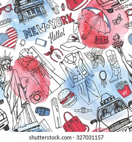 New York Fashion.Seamless pattern with Clothing ,accessories,city landmarks and street food.Hand drawing doodle background,watercolor splashes.Autumn,winter,spring.Vector Illustration.USA travel