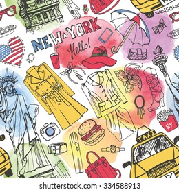 New York Fashion.Seamless pattern with Clothing ,accessories,city landmarks and street food.Hand drawing doodle background,watercolor splashes.Autumn,winter,spring.Vector Illustration.USA travel