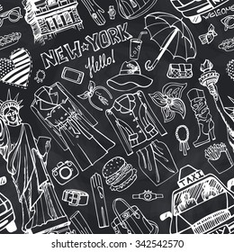 New York Fashion.Seamless pattern with Clothing ,accessories,city landmarks and street food.Hand drawing doodle background.Autumn,winter,spring.Vector Illustration.USA travel.Chalkboard