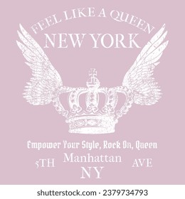 Huella de eslogan femenino de Nueva York con alas e ilustración de la corona. Papel para camisetas slogan de rock o para otros usos. 