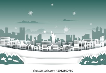 New York Fireworks City Building Winter New Year Paper Cut Illustration