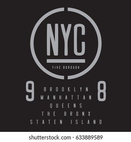 New York Five Borough typography, tee shirt graphics, vectors, district of New York