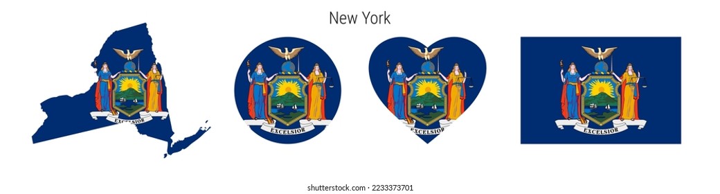 New York flag icon set. American state pennant in official colors and proportions. Rectangular, map-shaped, circle and heart-shaped. Flat vector illustration isolated on white.