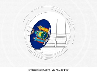 New York flag on rugby ball, lined circle rugby icon with ball in a crowded stadium. Vector sport emblem on abstract background.