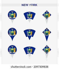 New York flag, set of location pin icons of New York flag. Vector illustration of national symbols.