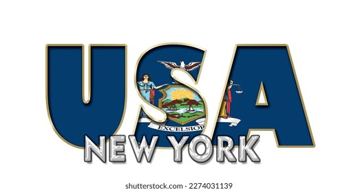 NEW YORK flag (USA) 3d light bulb alphabet with gold frame isolated on white background. gold glossy dripping  font. Vector illustration.